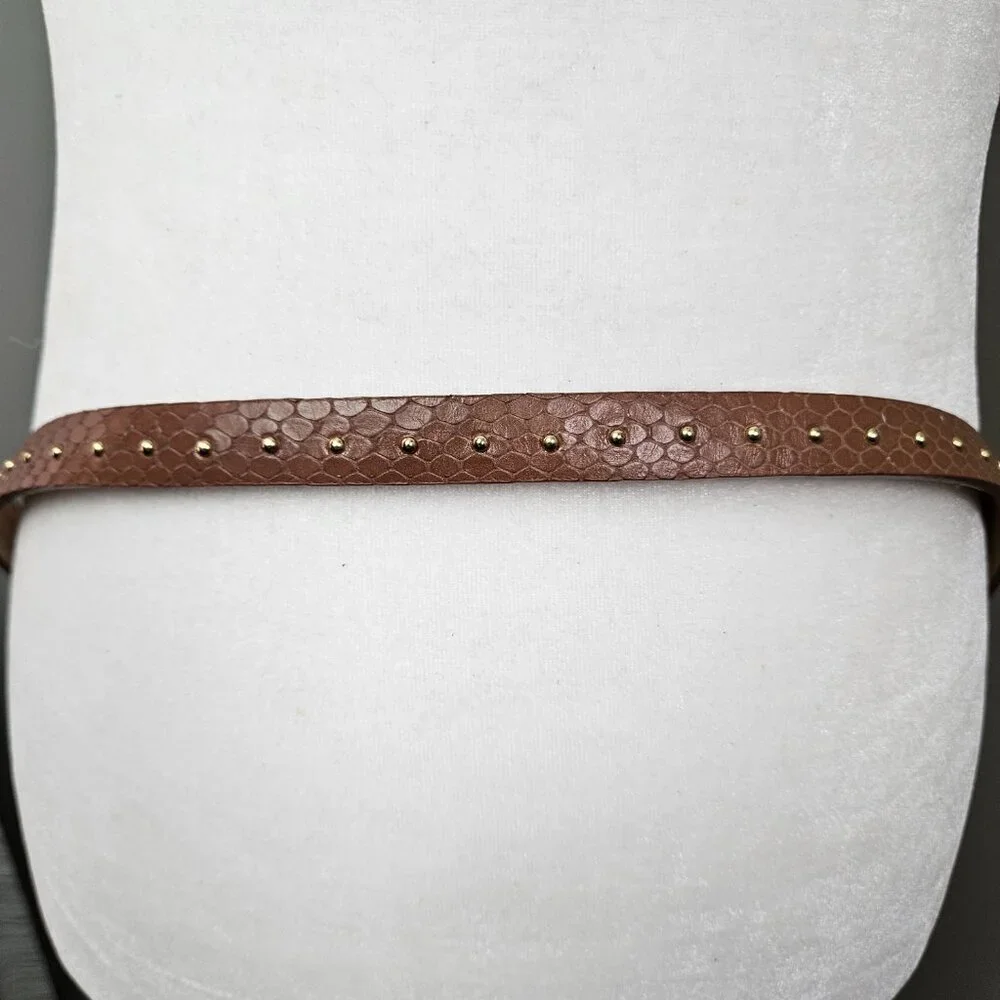 Talbots Brown Snake Embossed Leather Gold Tone Stud Skinny Belt XL